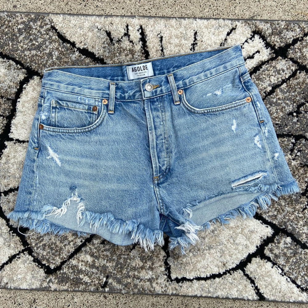Agolde Parker Los Angeles Premium Distressed Light Blue Jean Shorts Size 27